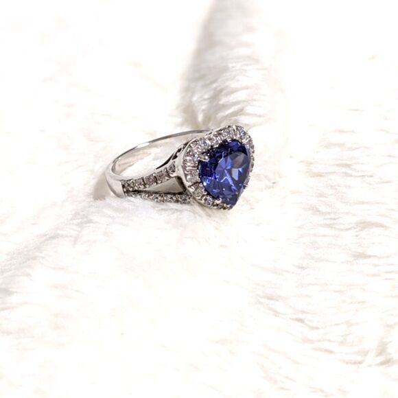 NWOT Heart Shaped Simulated Sapphire & Cubic Zirconia, Sterling Silver Ring - Picture 3 of 14